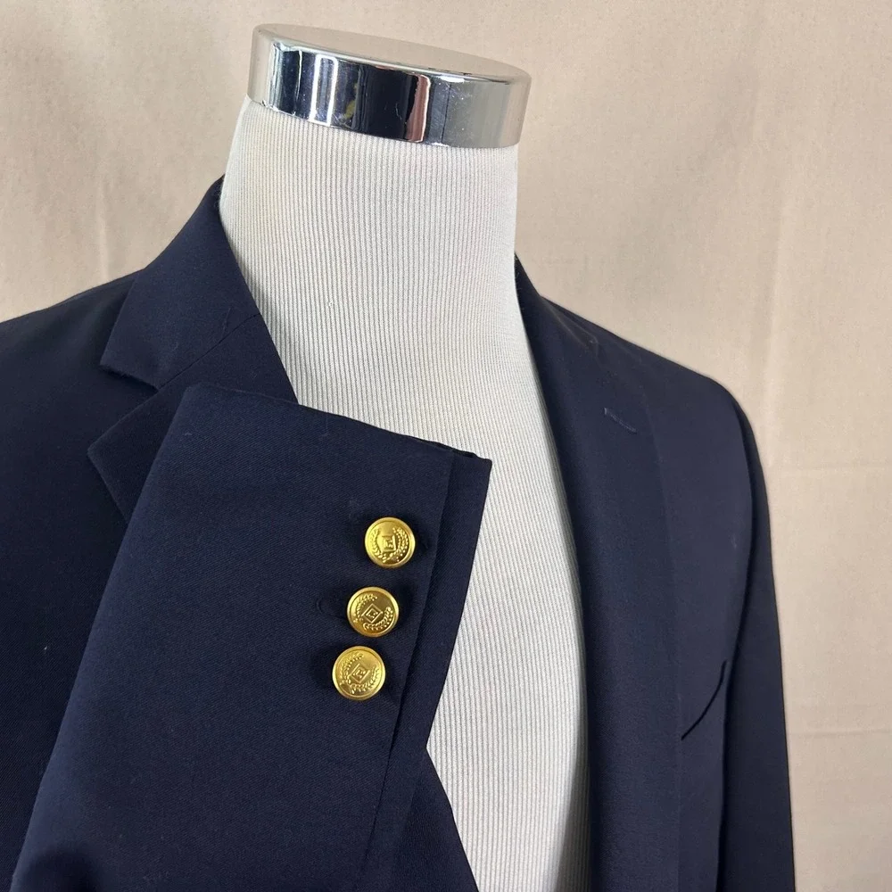 Chaps 42R Blazer Wool Blend Navy Blue Gold Two Button Lined Vented Formal